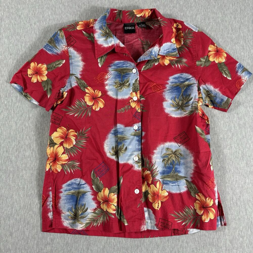 Erika Hawaiian‎ Shirt Size M Cotton Red Floral Short Sleeve Button Up
